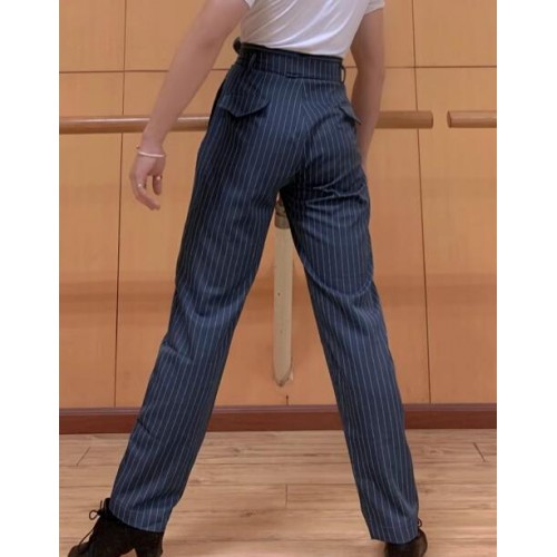 Black blue grey striped latin ballroom dance pants for young men youth high waist wide leg waltz tango flamenco chacha rumba dance long trousers for man